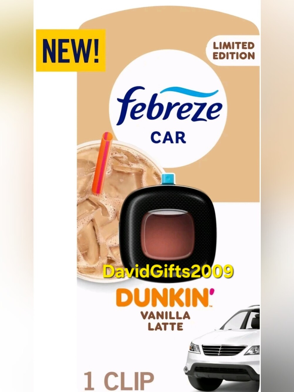 Febreze Dunkin Car Air Freshener, Odor-Fighting Vent Clip, Vanilla Latte Scent